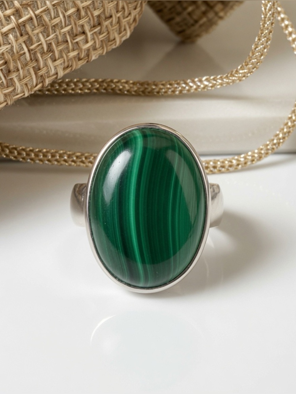 Natural Malachite Oval Ring in 925 Sterling silver,  US: 6 (BOHO)